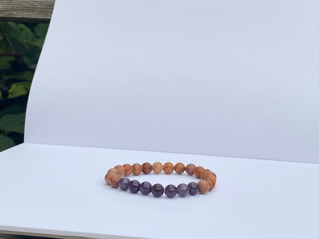 Sandalwood and Amethyst Mala Beaded Bracelet