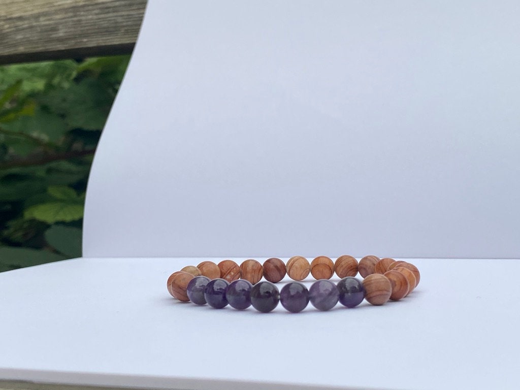 Sandalwood and Amethyst Mala Beaded Bracelet