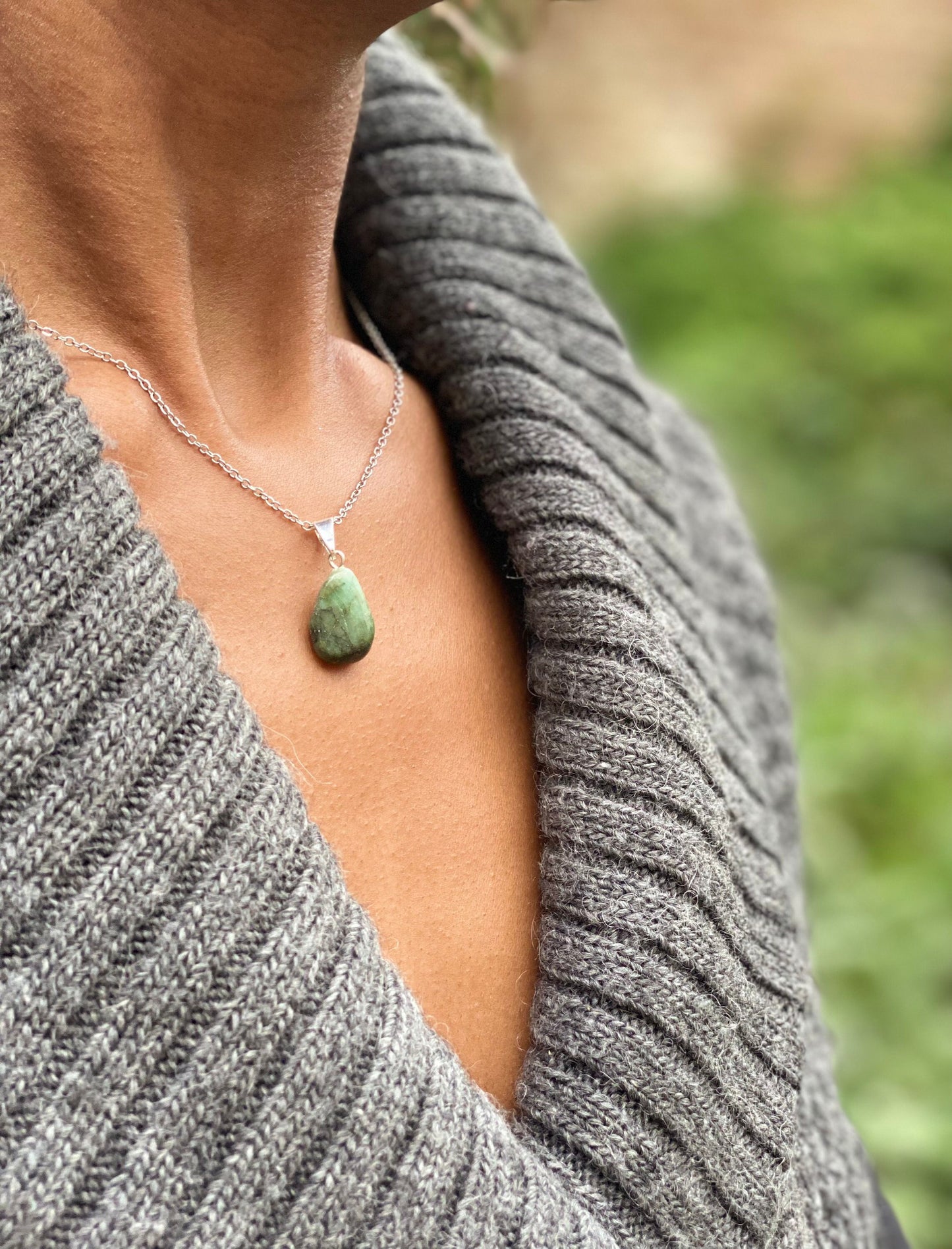 Sterling Silver Tumbled Emerald Necklace