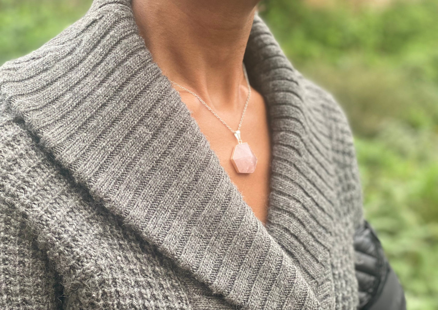 Silver Plated Rose Quartz Hexagon Necklace