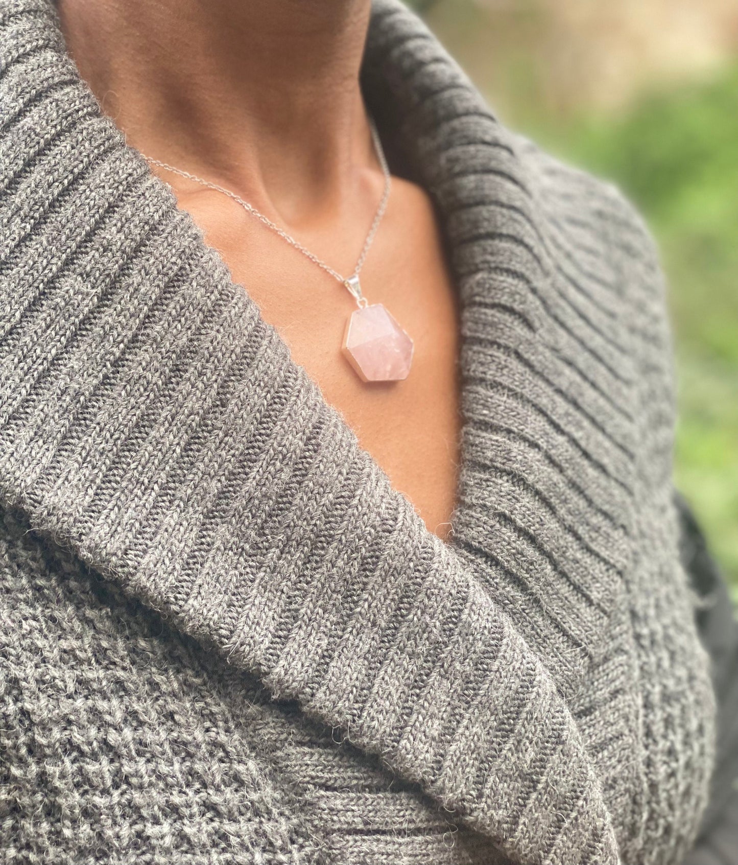 Silver Plated Rose Quartz Hexagon Necklace