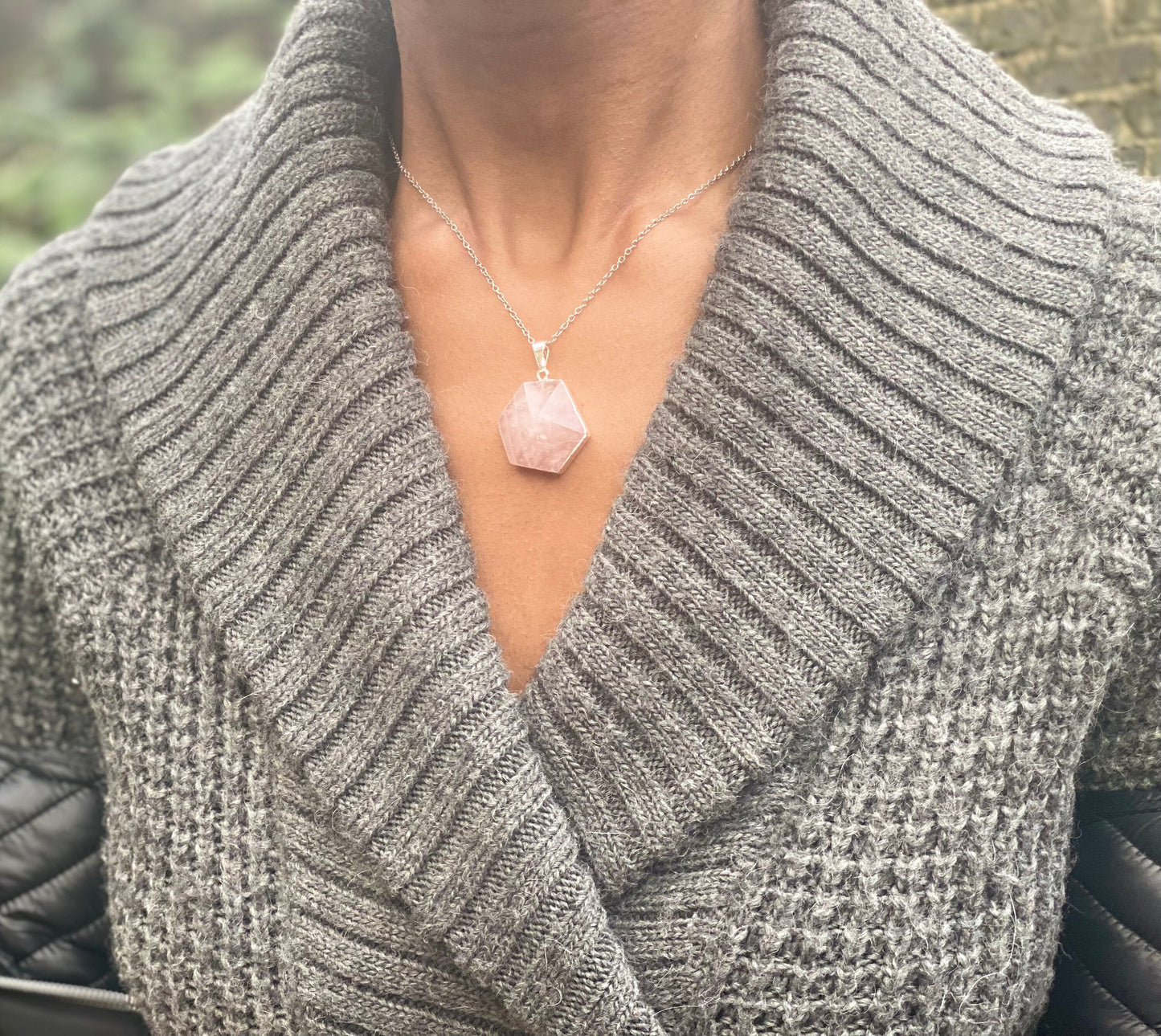 Silver Plated Rose Quartz Hexagon Necklace