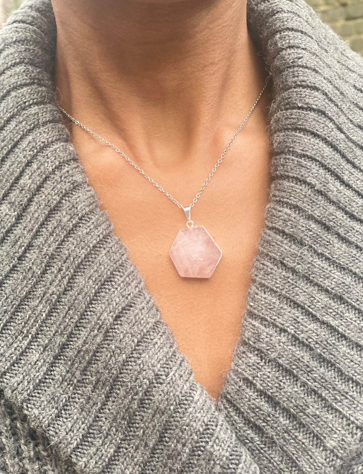 Silver Plated Rose Quartz Hexagon Necklace