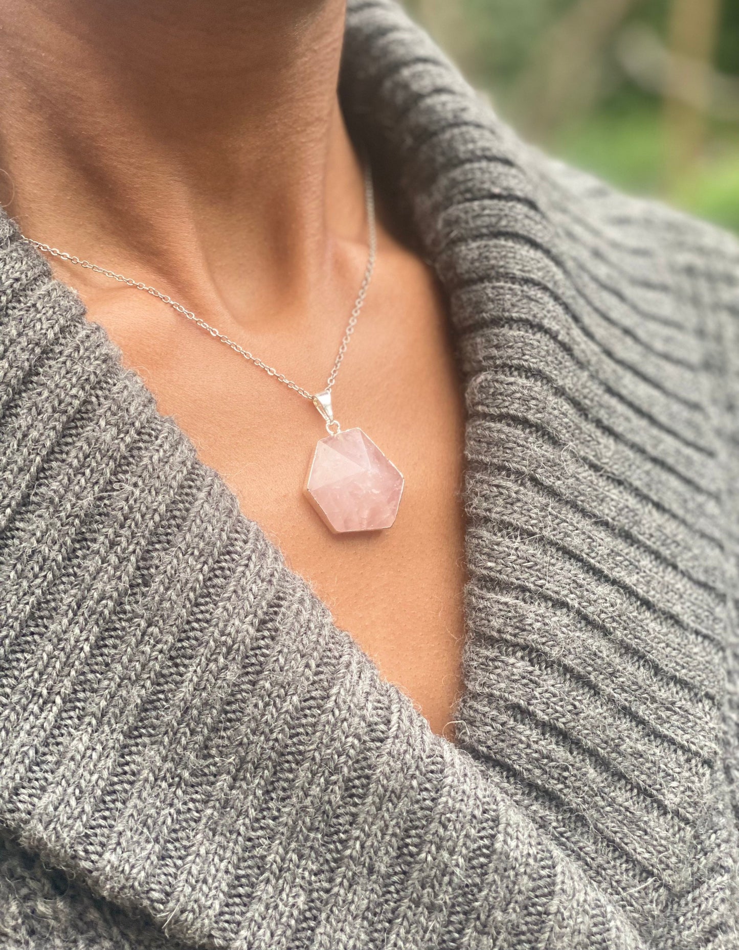 Silver Plated Rose Quartz Hexagon Necklace