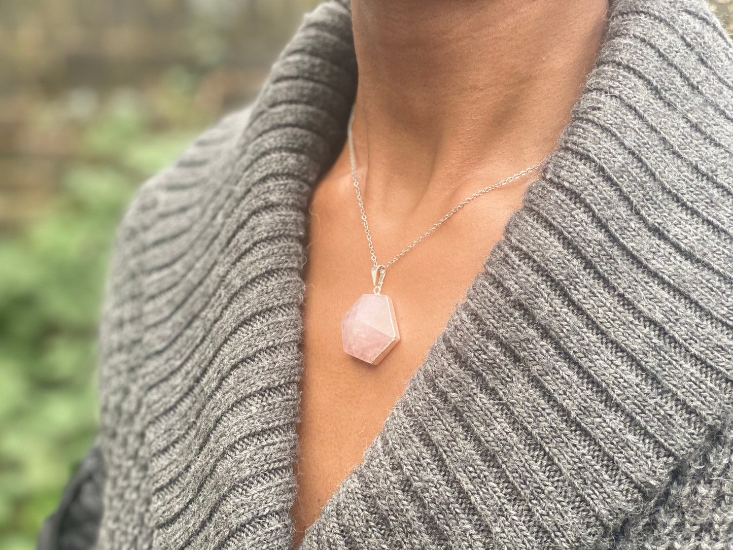 Silver Plated Rose Quartz Hexagon Necklace