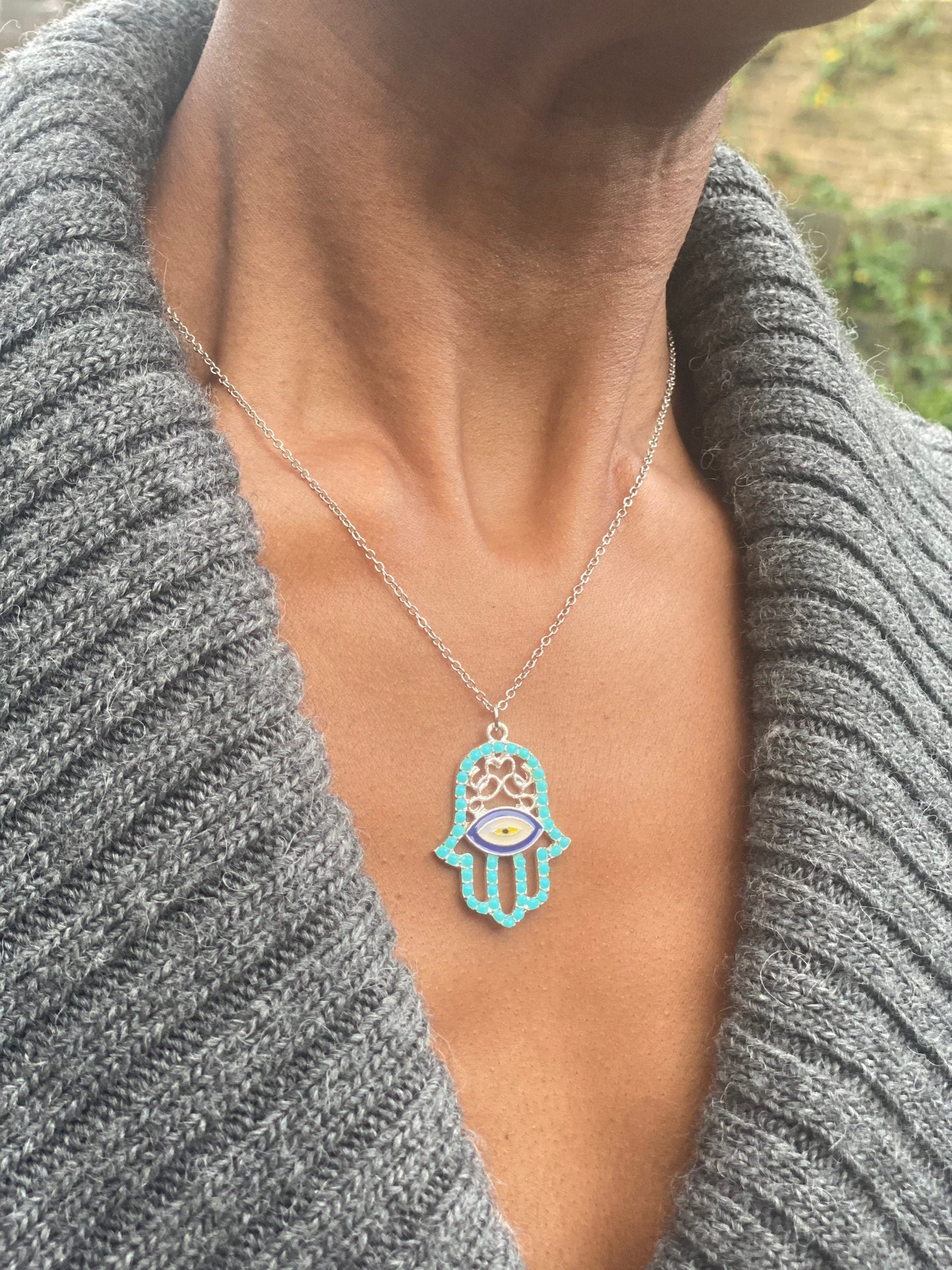 Silver Plated Turquoise Hand of Hamsa Necklace