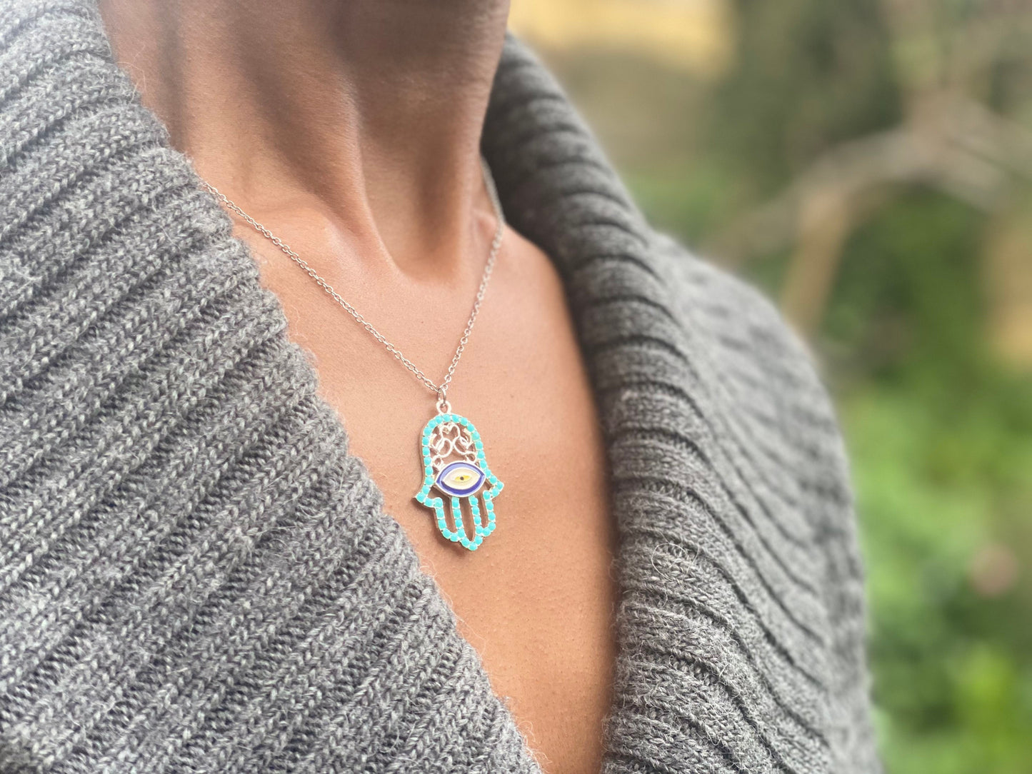 Silver Plated Turquoise Hand of Hamsa Necklace