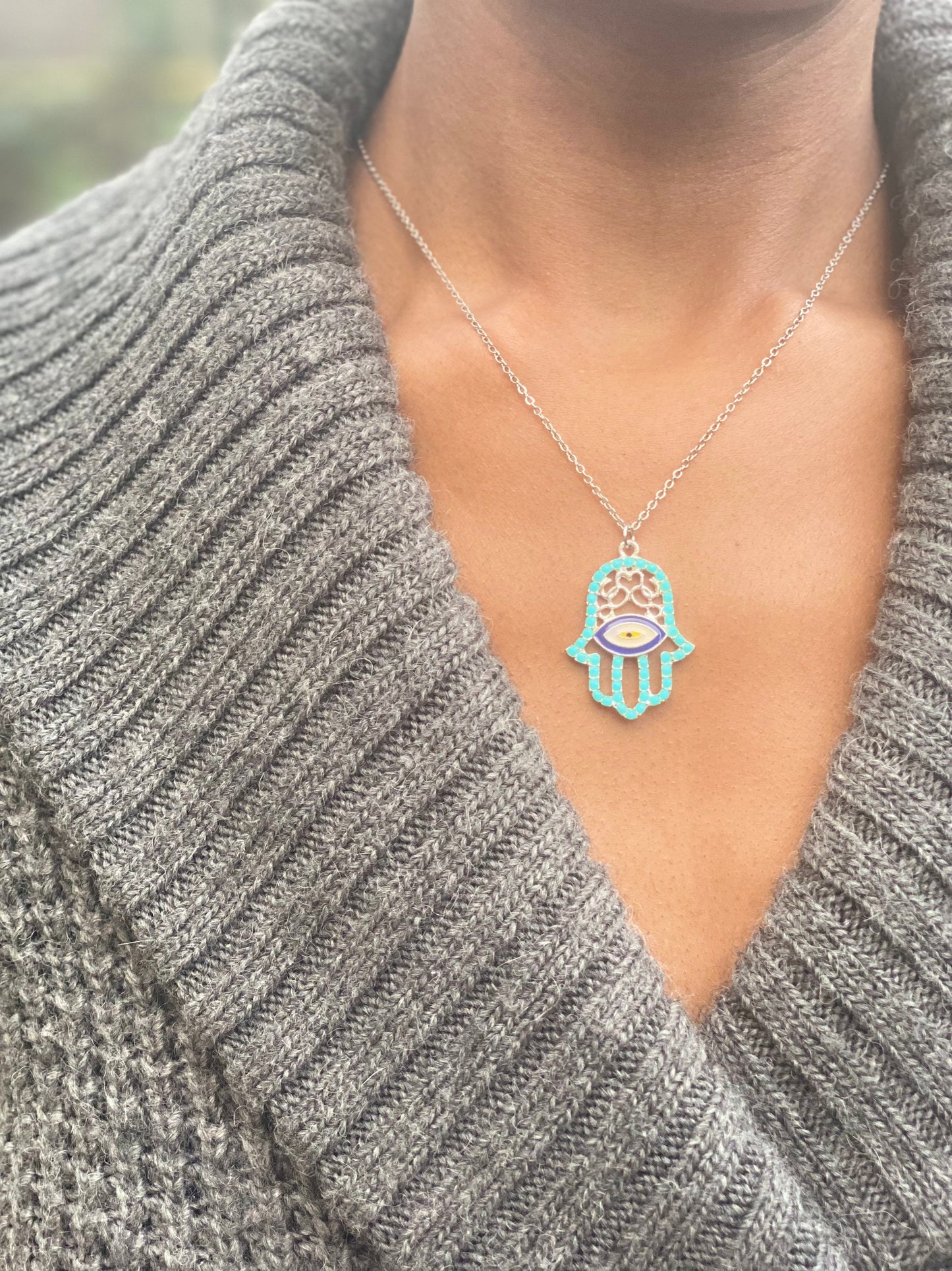 Silver Plated Turquoise Hand of Hamsa Necklace