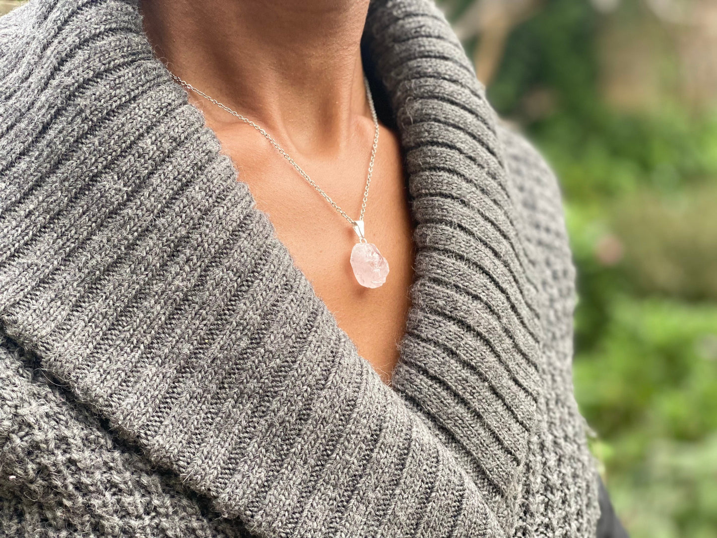 Silver Plated Rose Raw Quartz Crystal Necklace