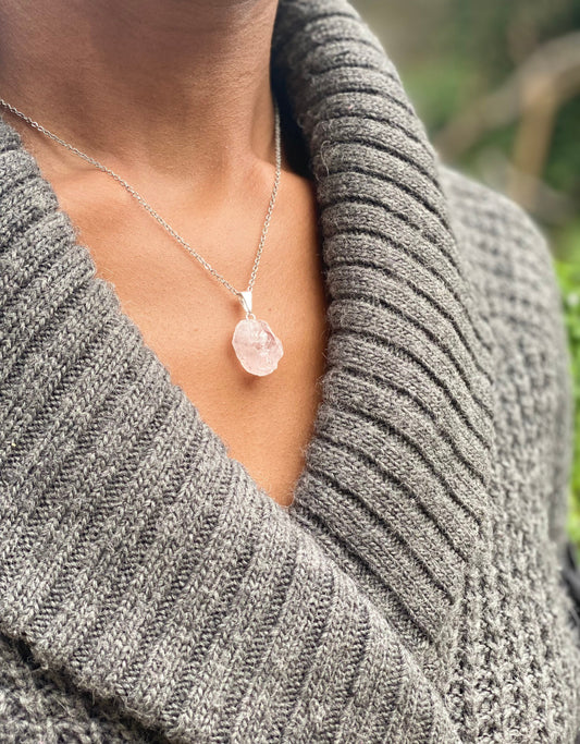 Silver Plated Rose Raw Quartz Crystal Necklace