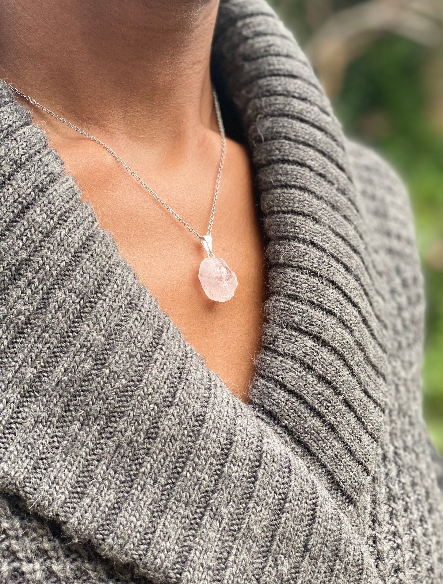 Silver Plated Rose Raw Quartz Crystal Necklace