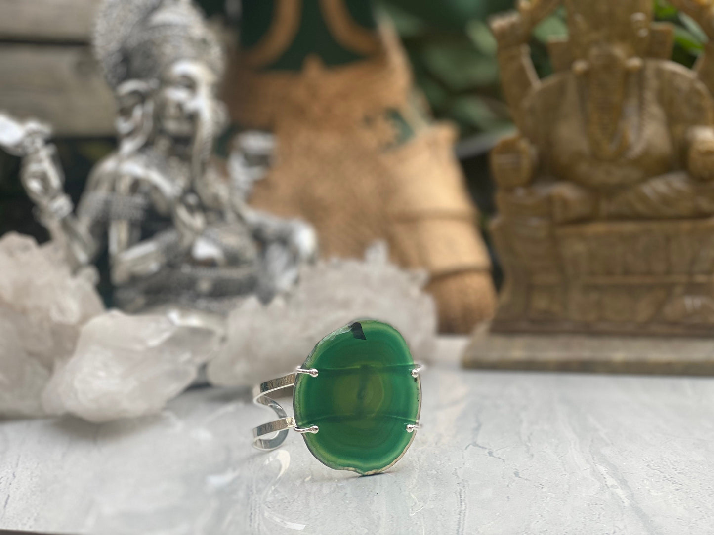 Silver Plated Green Agate Cuff Bracelet