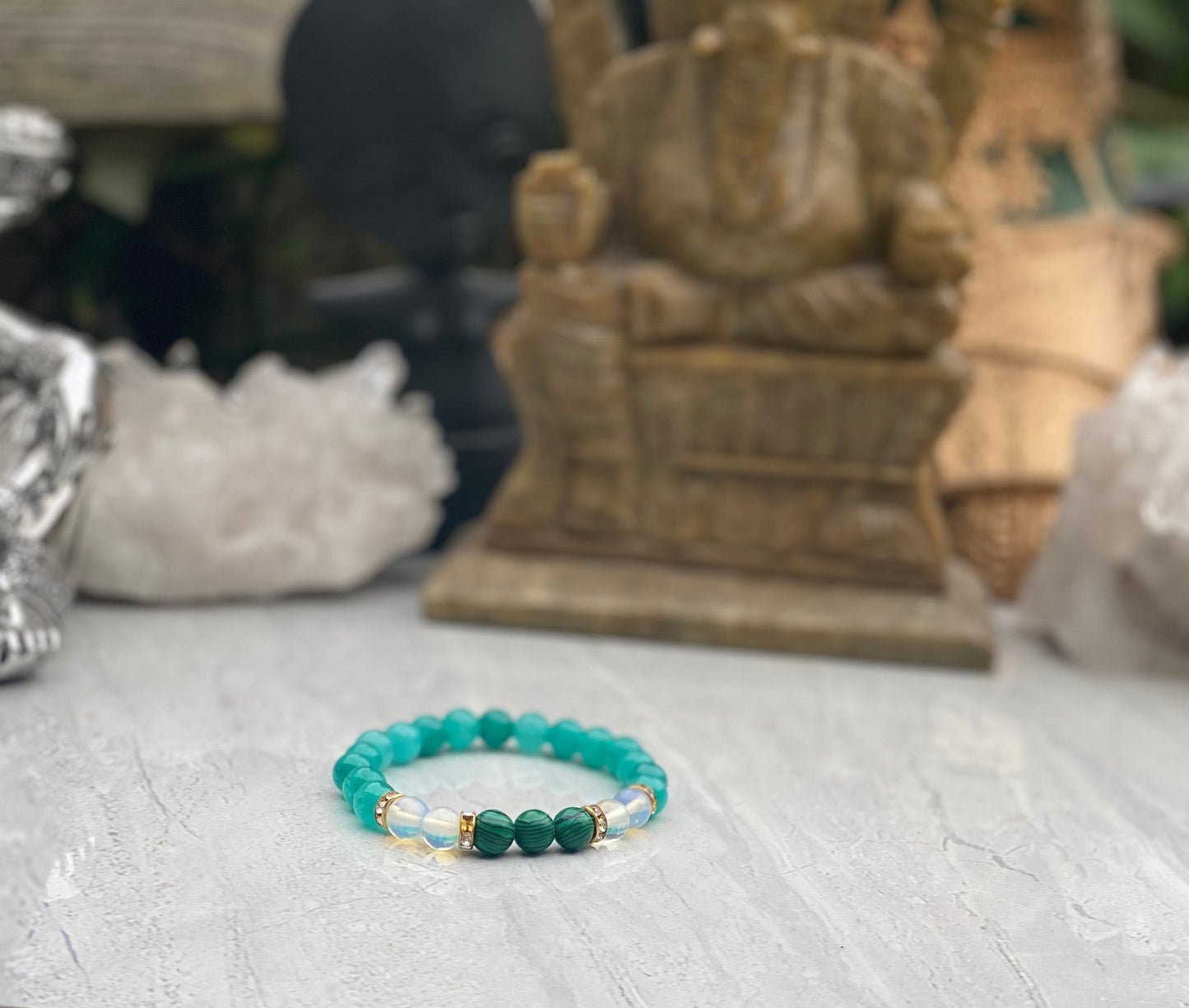 Malachite Moonstone And Green Peridot Beaded Bracelet