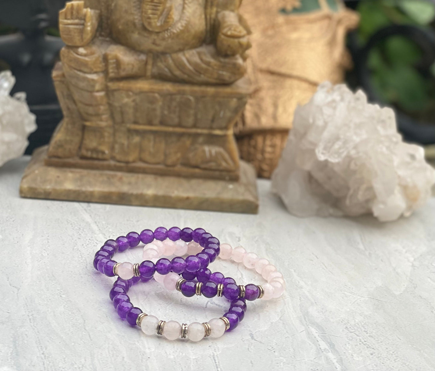 Rose Quartz And Amethyst Bracelet Set