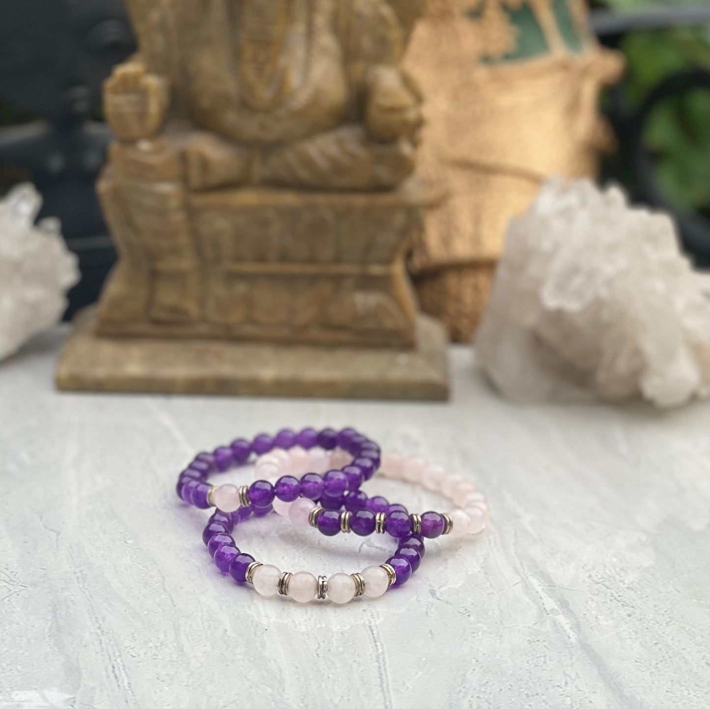 Rose Quartz And Amethyst Bracelet Set