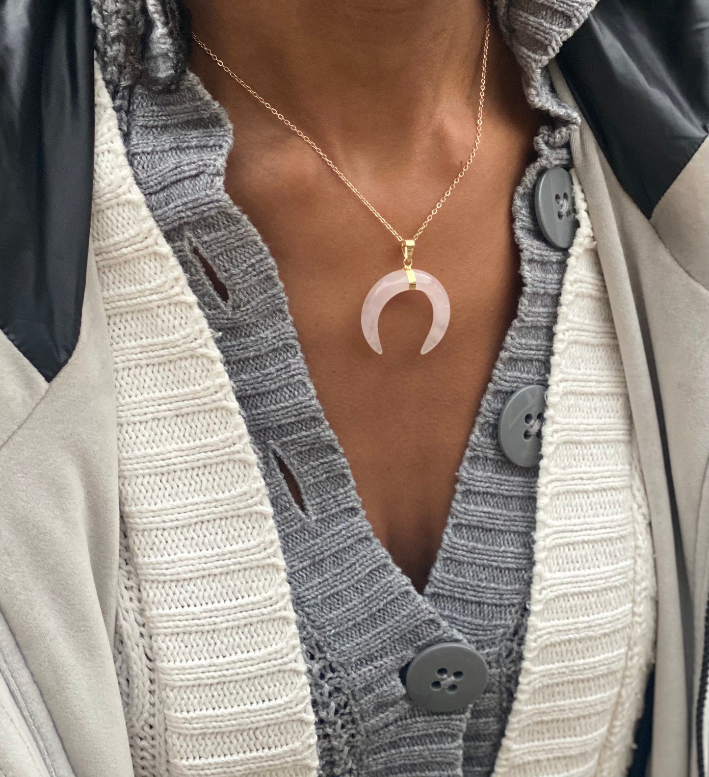 Gold Filled Rose Quartz Crescent Moon Necklace