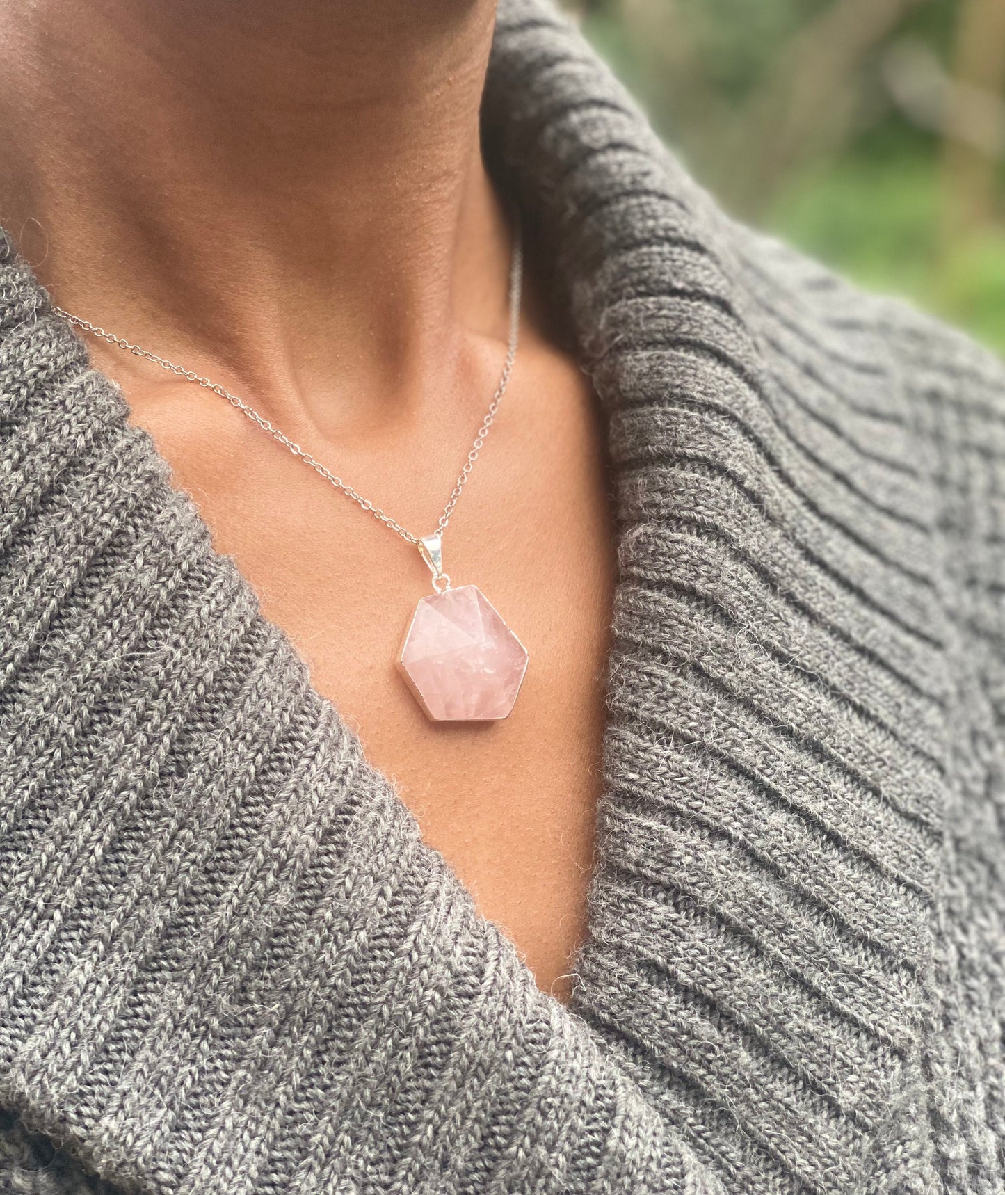 Silver Plated Rose Quartz Hexagon Necklace