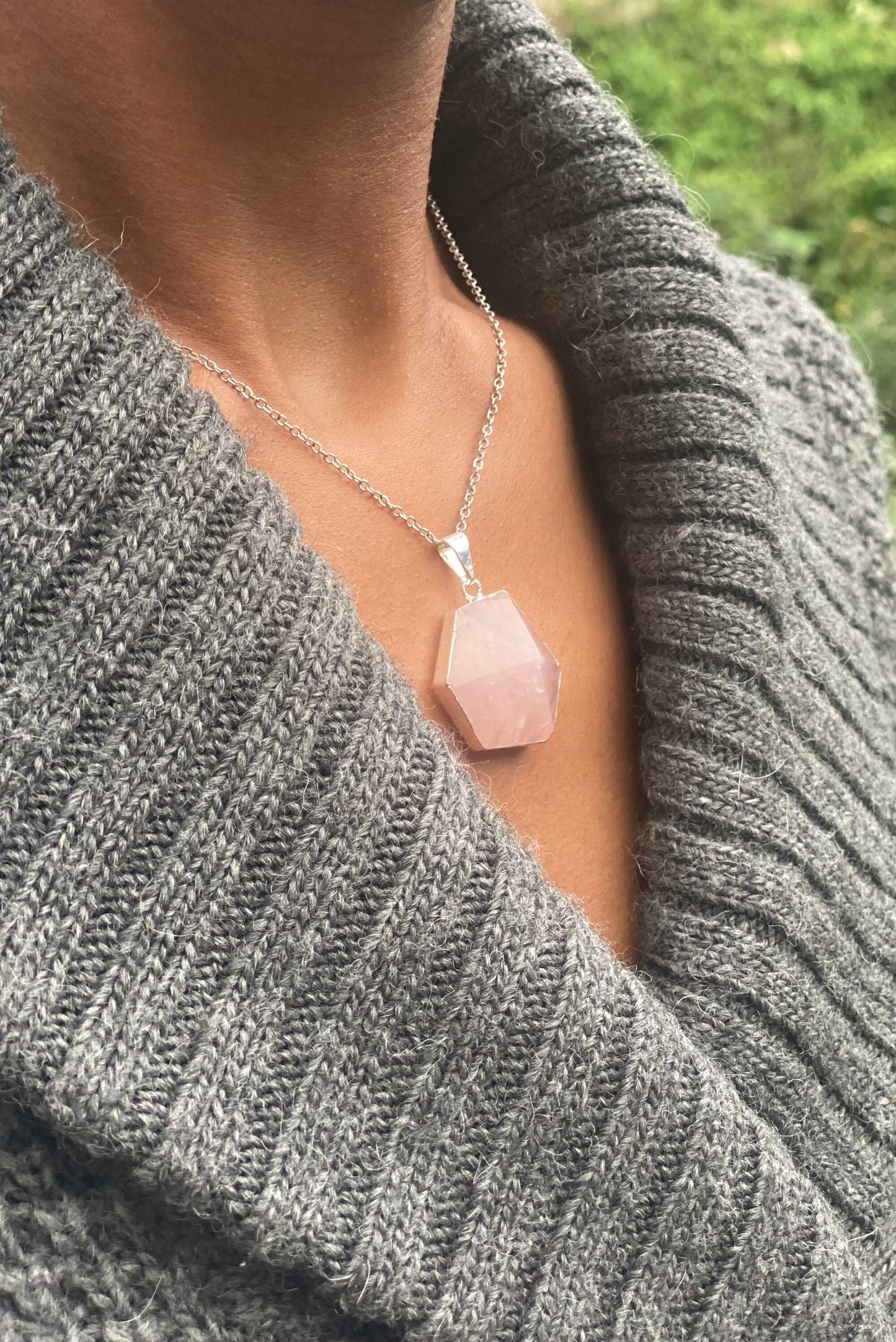 Silver Plated Rose Quartz Hexagon Necklace