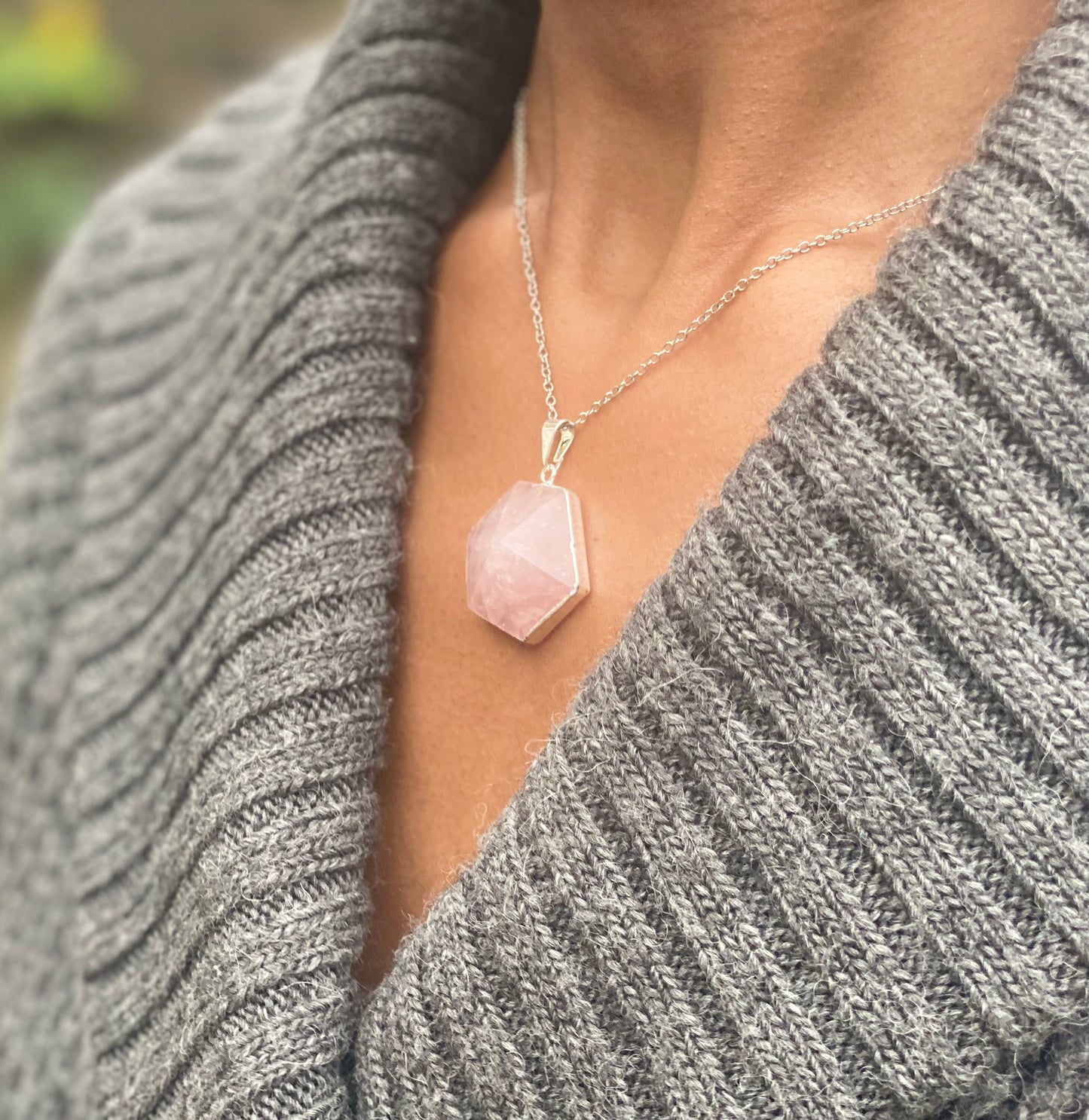 Silver Plated Rose Quartz Hexagon Necklace