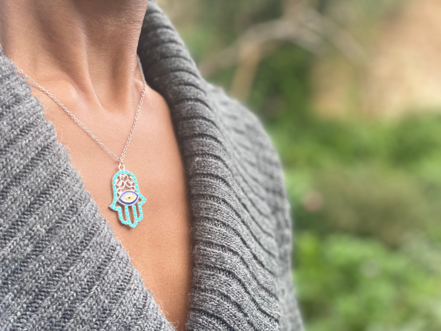 Silver Plated Turquoise Hand of Hamsa Necklace