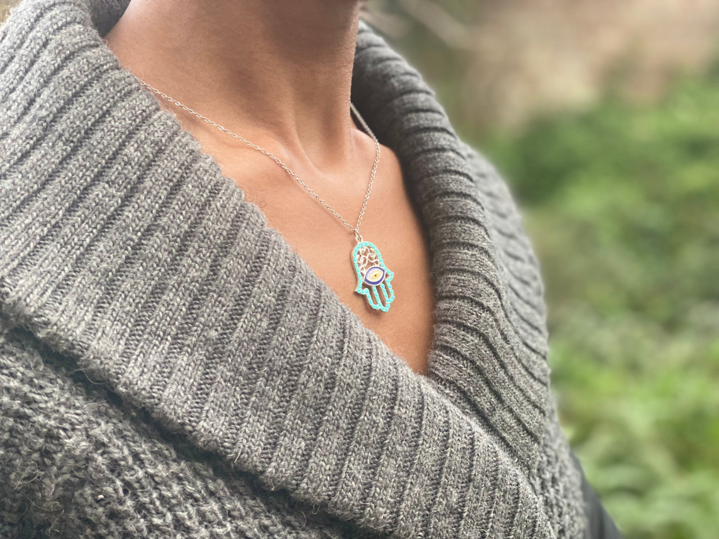 Silver Plated Turquoise Hand of Hamsa Necklace