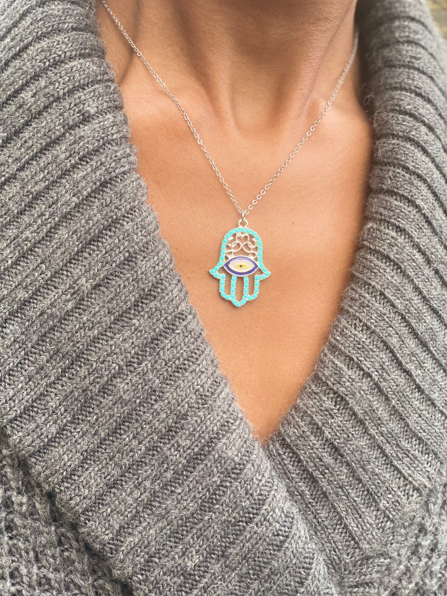 Silver Plated Turquoise Hand of Hamsa Necklace