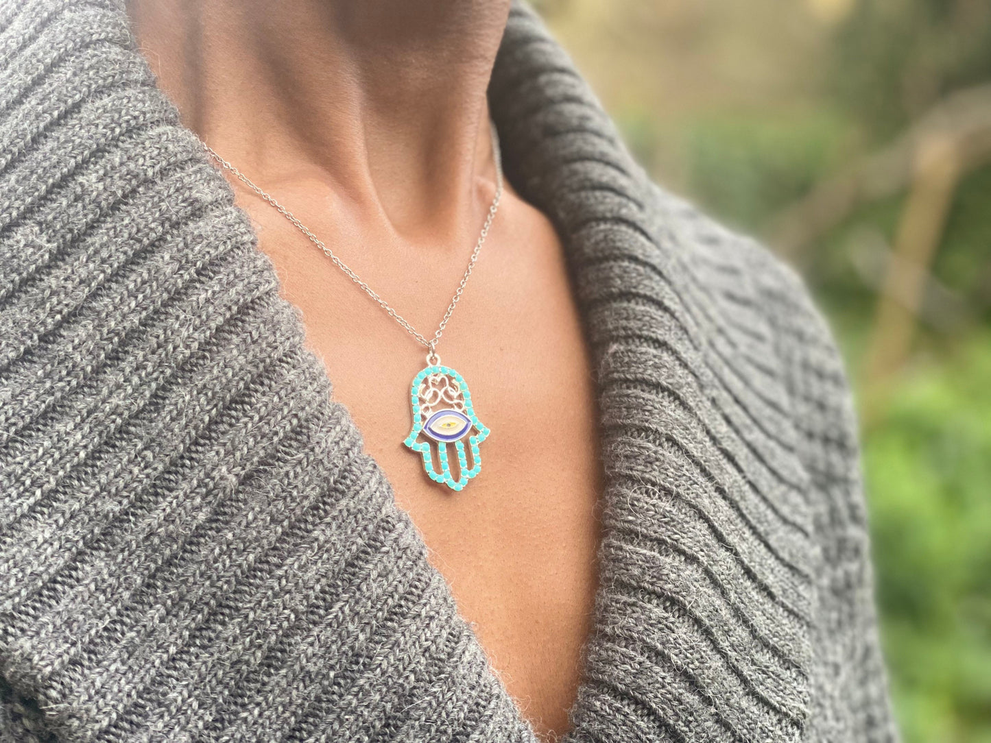 Silver Plated Turquoise Hand of Hamsa Necklace