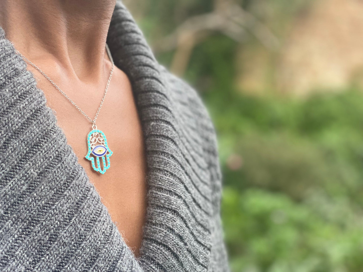 Silver Plated Turquoise Hand of Hamsa Necklace