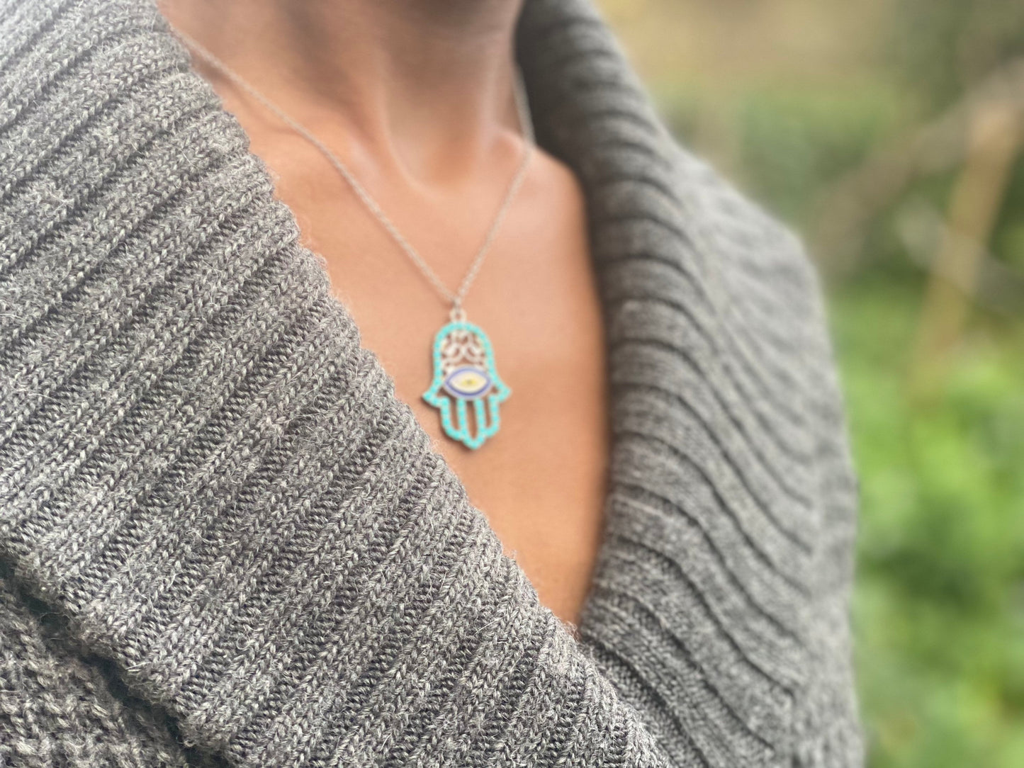 Silver Plated Turquoise Hand of Hamsa Necklace