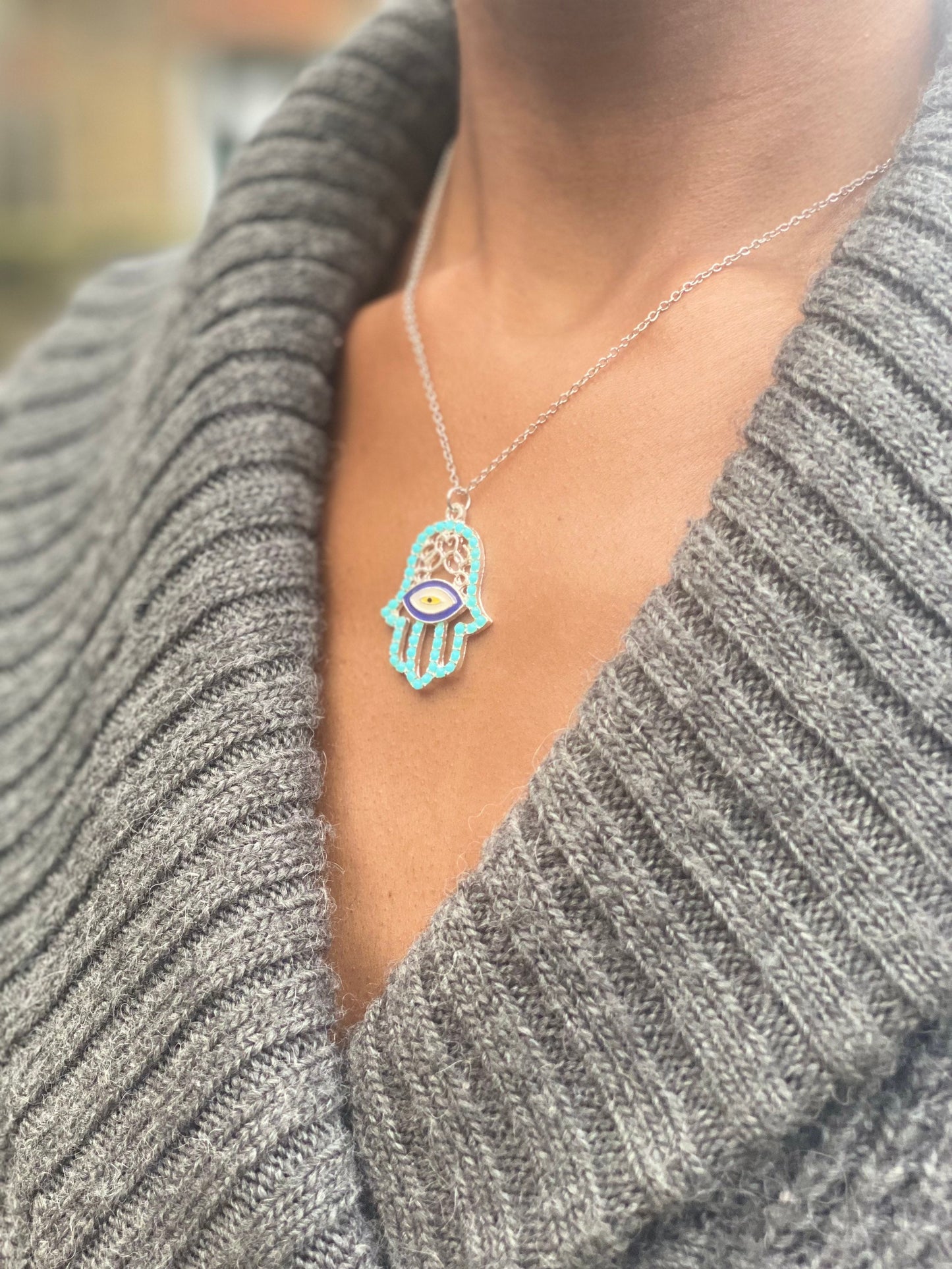 Silver Plated Turquoise Hand of Hamsa Necklace