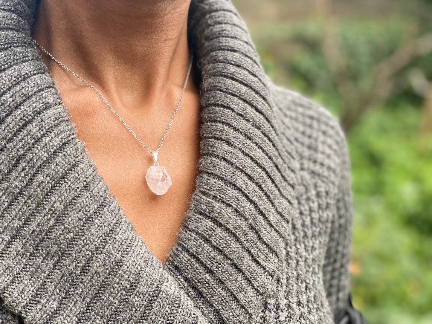 Silver Plated Rose Raw Quartz Crystal Necklace