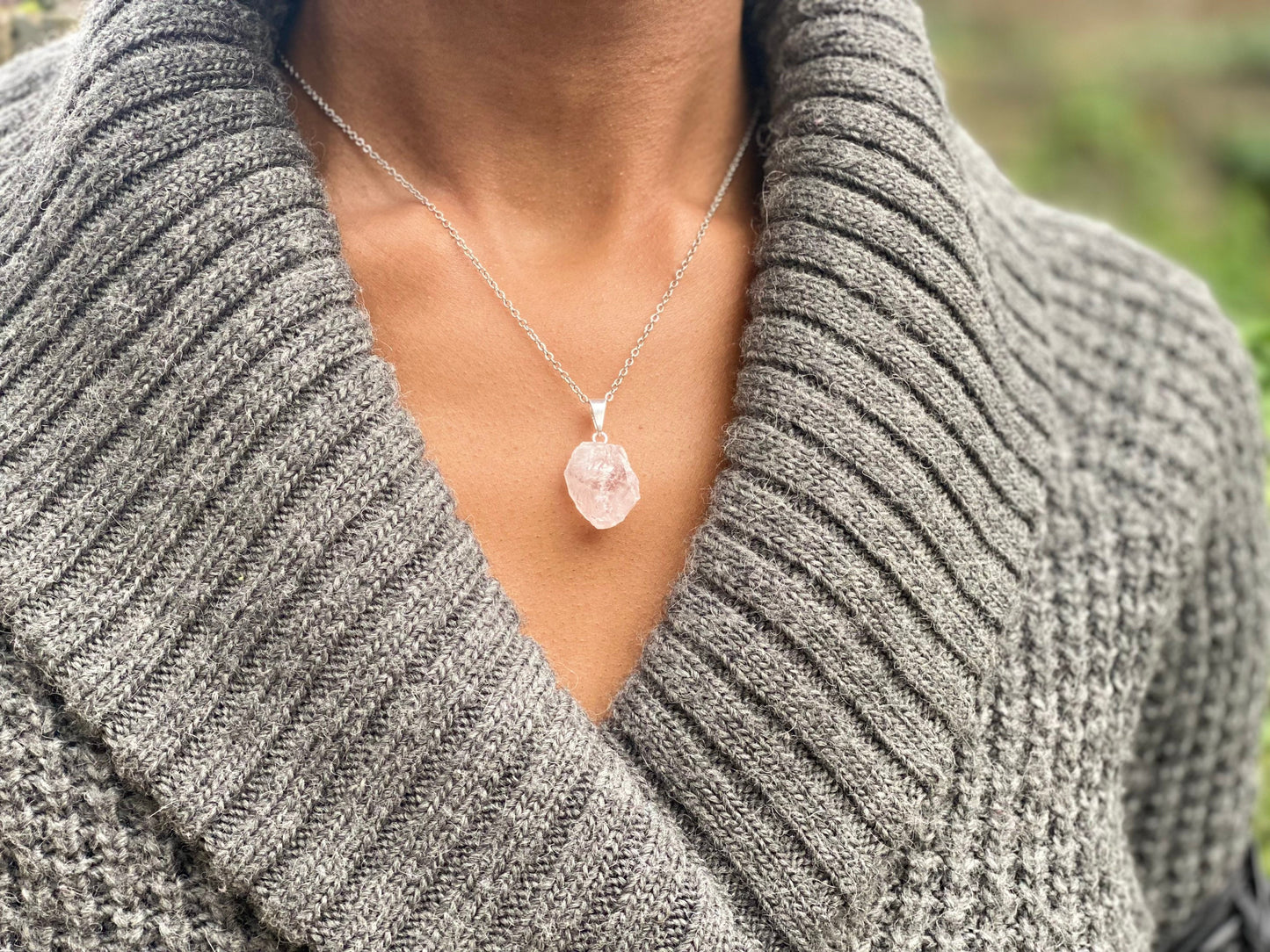 Silver Plated Rose Raw Quartz Crystal Necklace