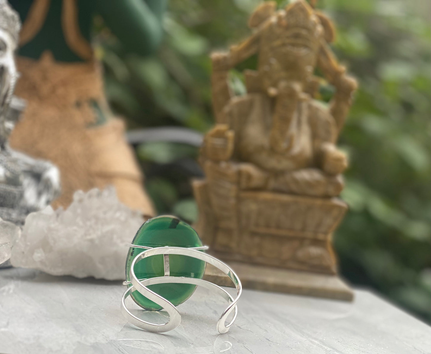 Silver Plated Green Agate Cuff Bracelet