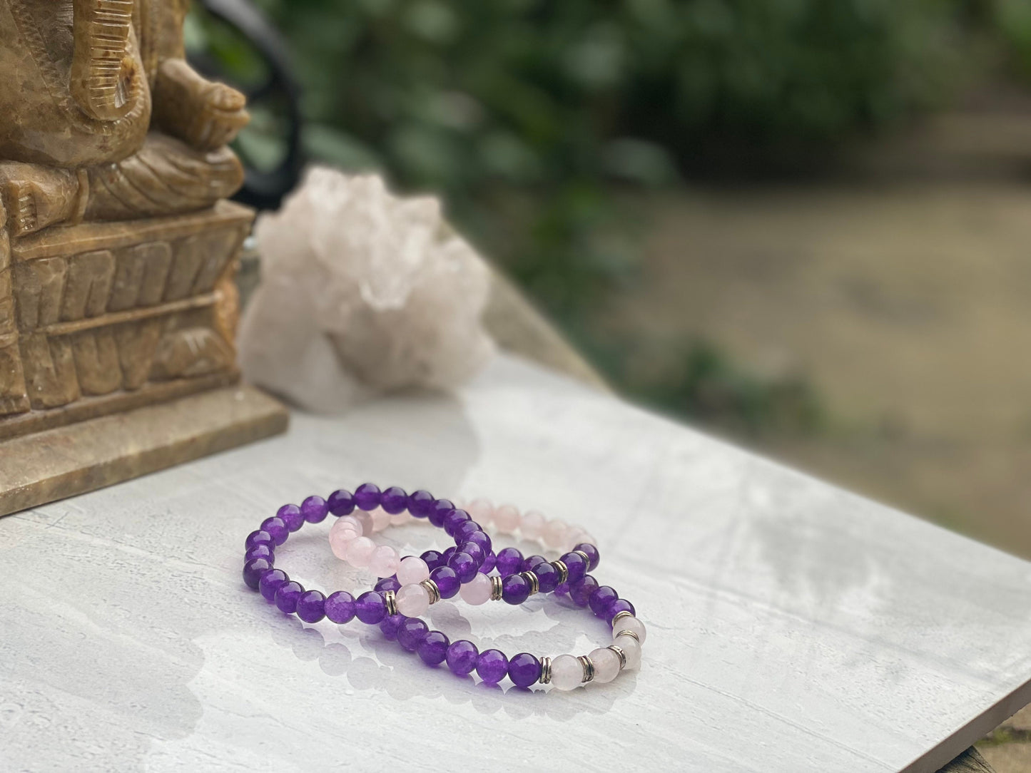 Rose Quartz And Amethyst Bracelet Set