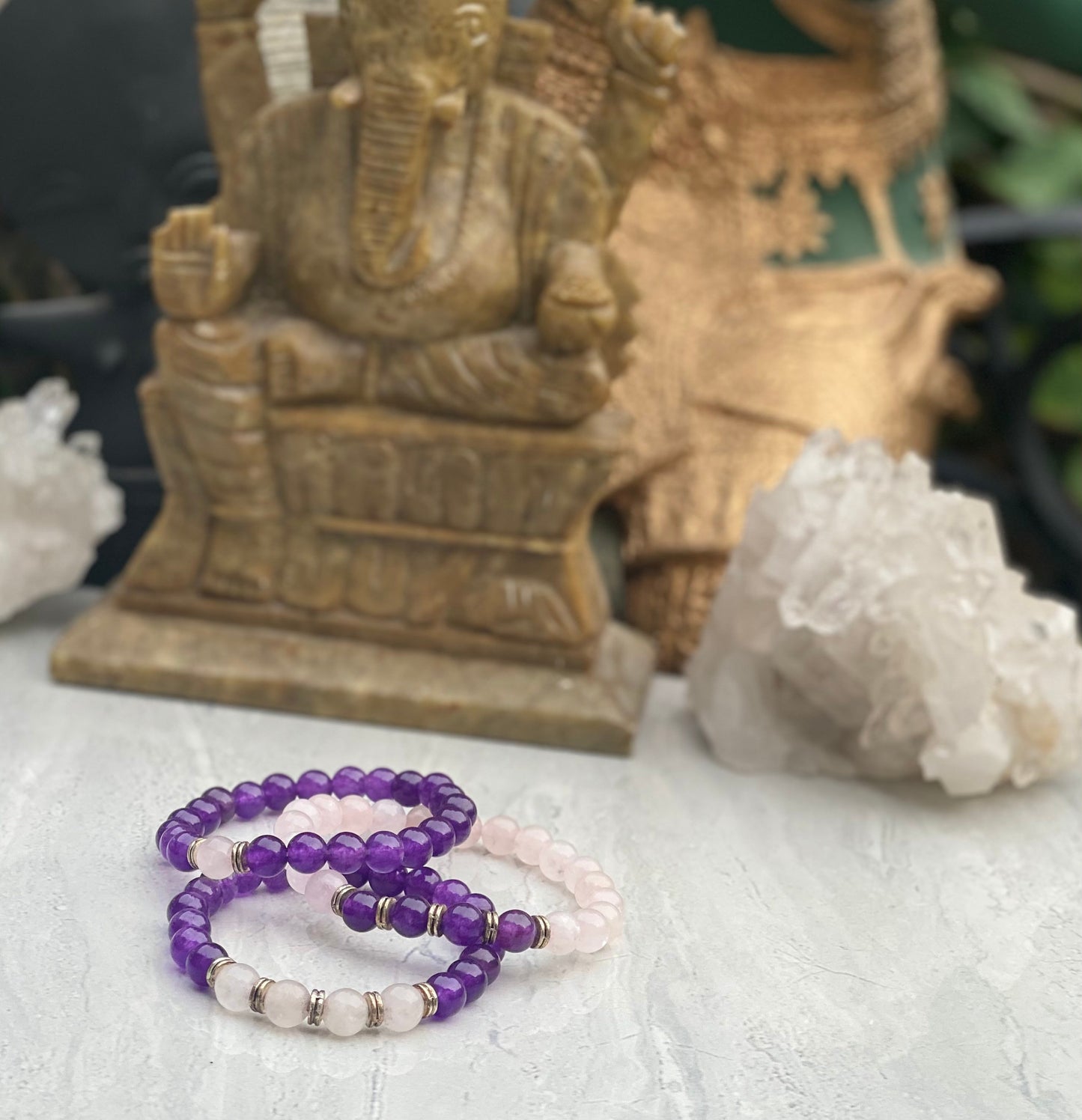 Rose Quartz And Amethyst Bracelet Set