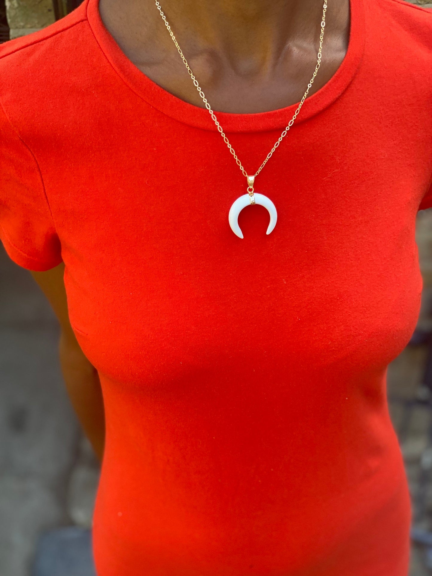 Gold Filled White Crescent Moon Necklace