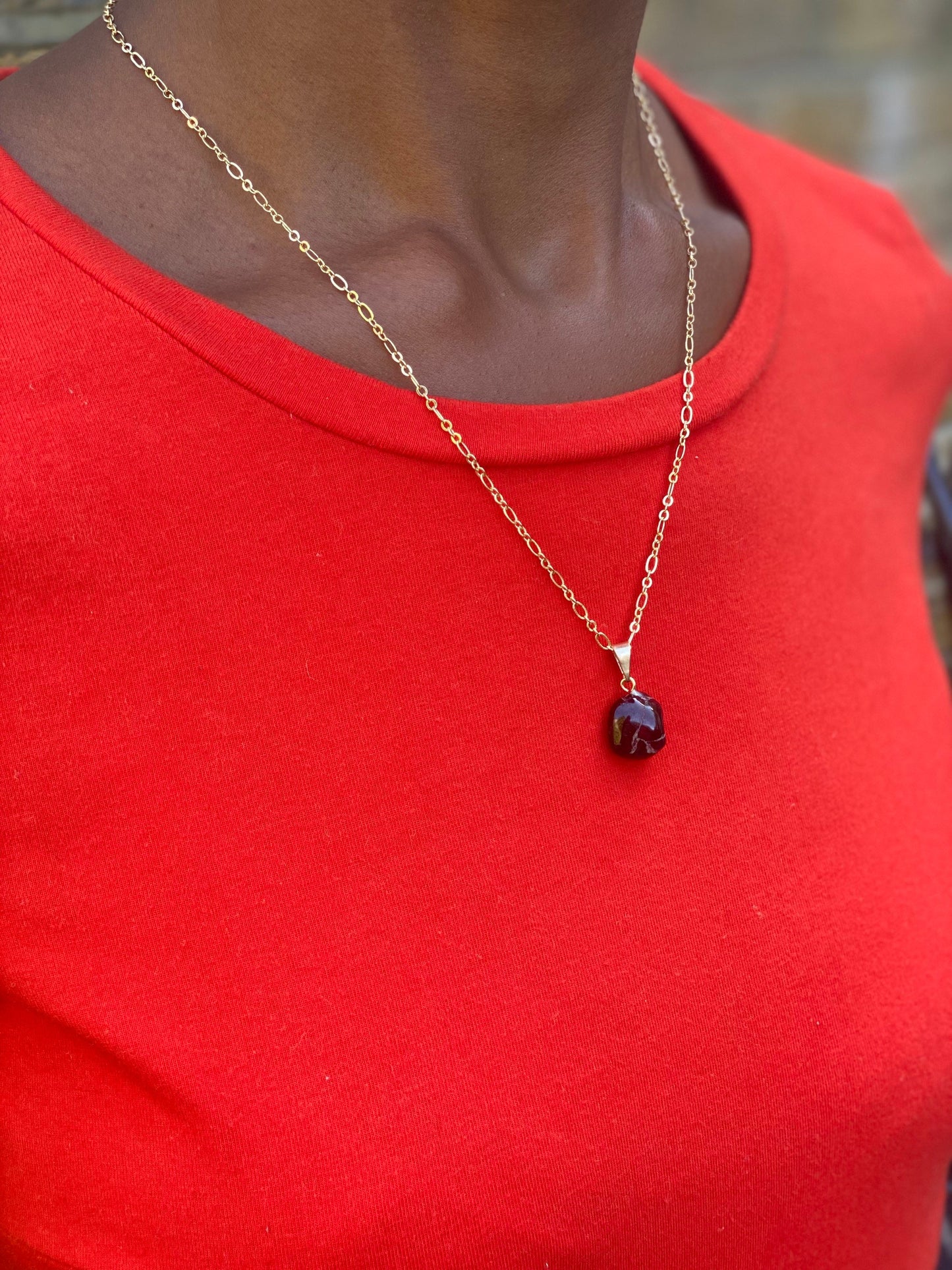 Gold Filled Tumbled Red Garnet Necklace