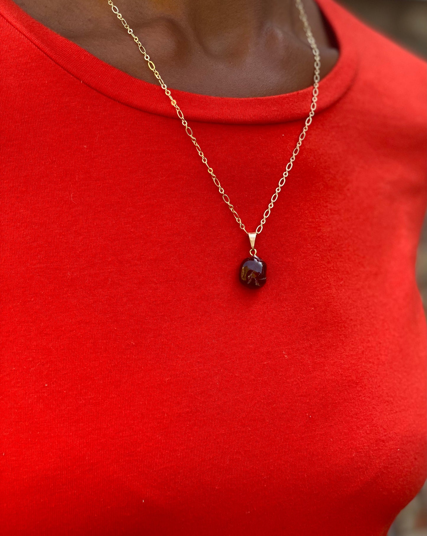 Gold Filled Tumbled Red Garnet Necklace