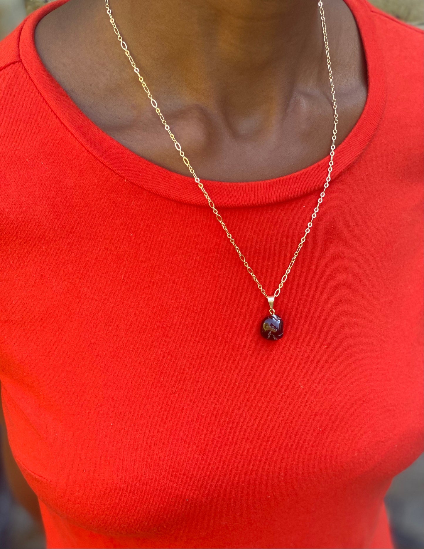 Gold Filled Tumbled Red Garnet Necklace