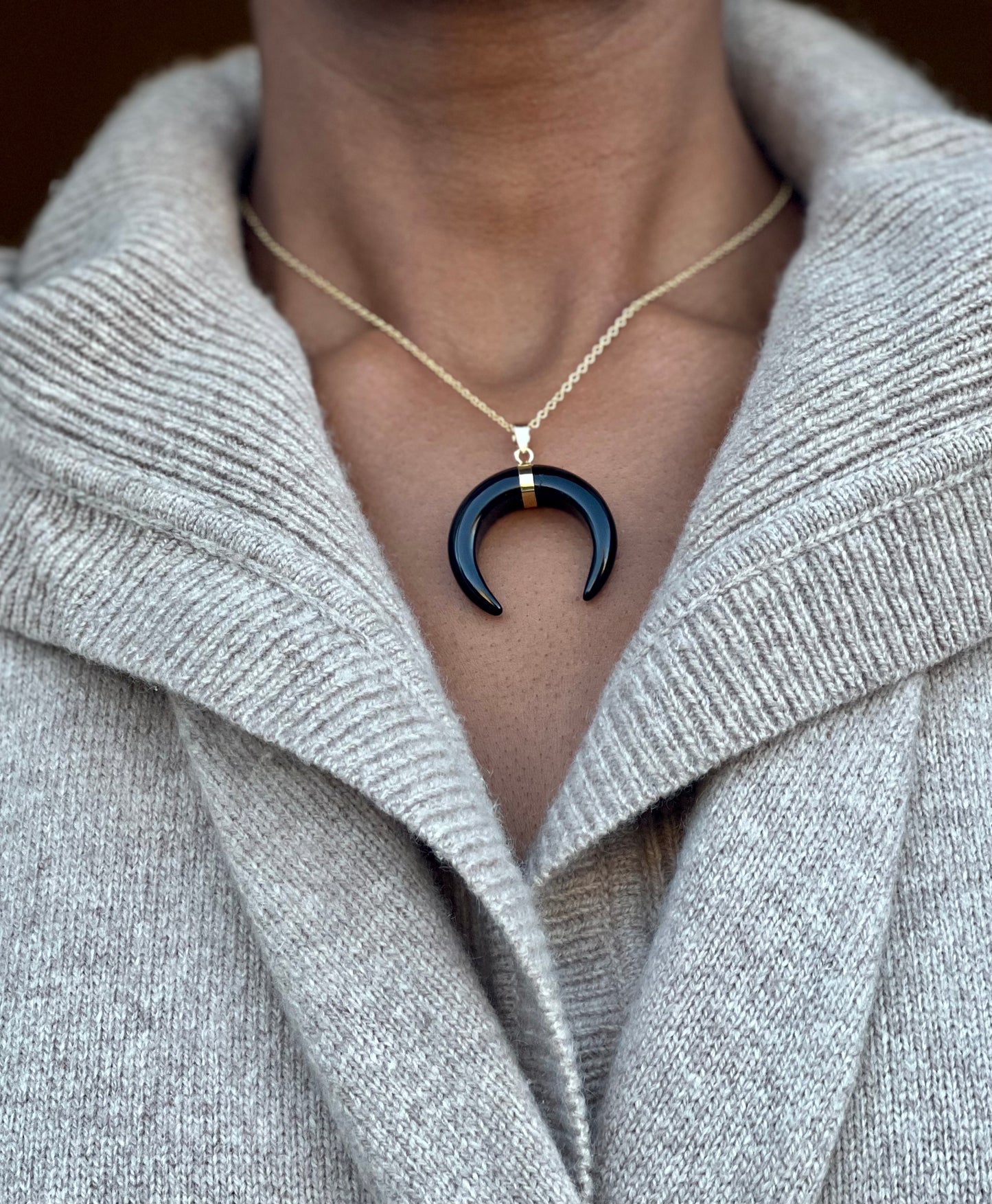 Gold Plated Onyx Crescent Necklace