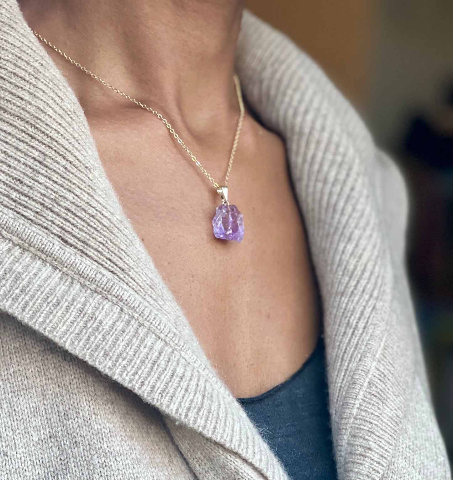 Raw Gold Plated Amethyst Crystal Necklace