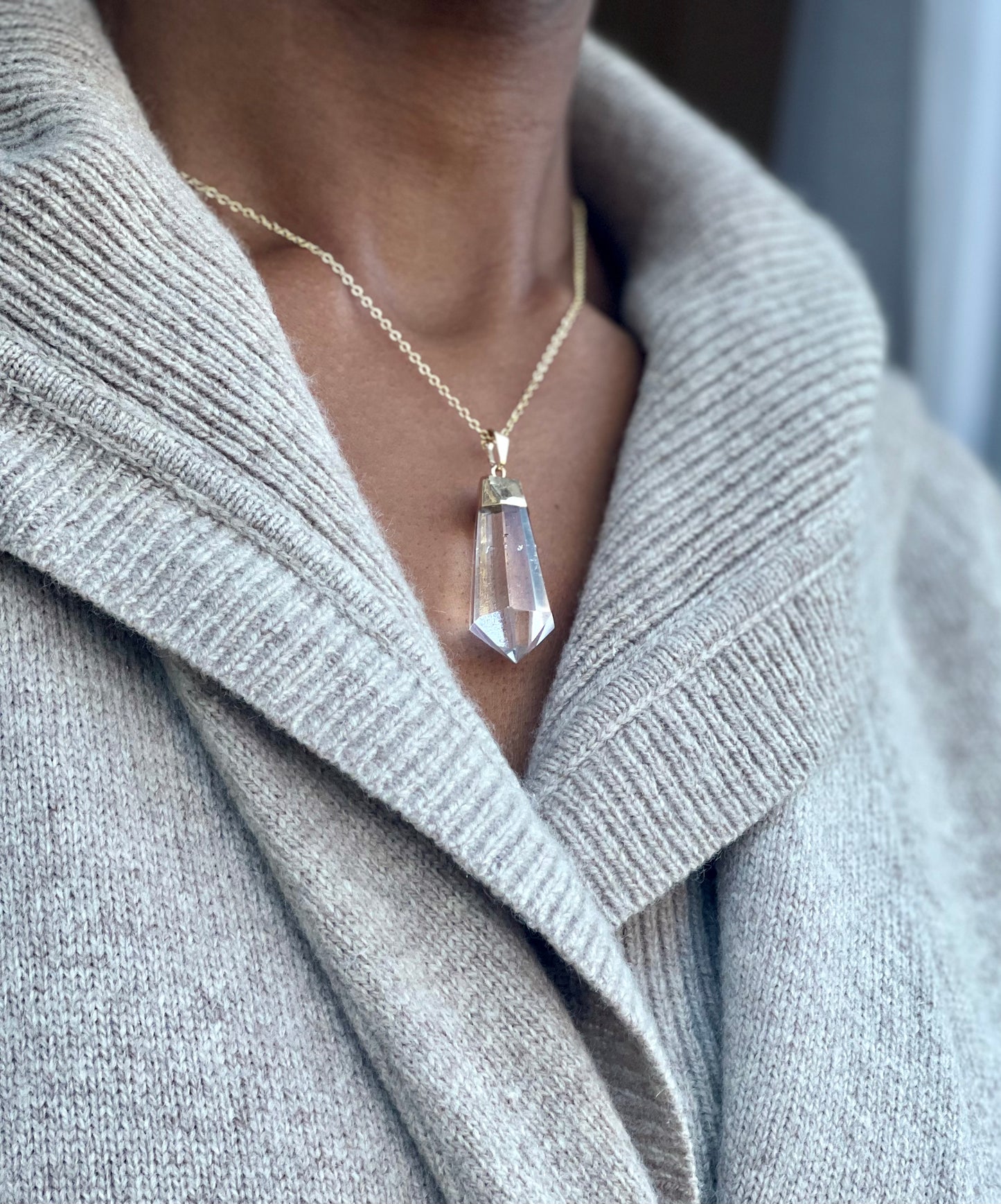 Gold Plated Quartz Crystal Point Necklace