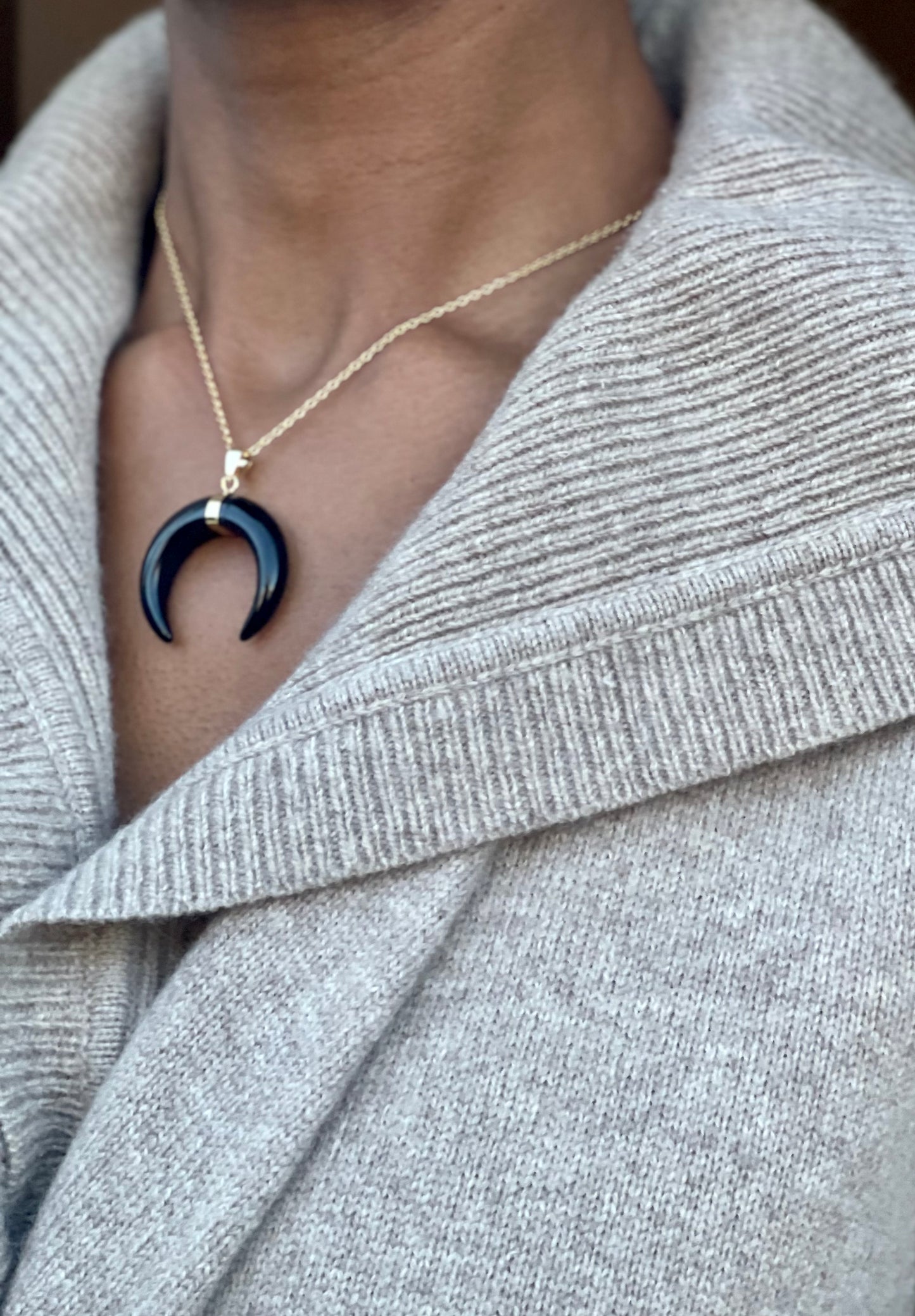 Gold Plated Onyx Crescent Necklace