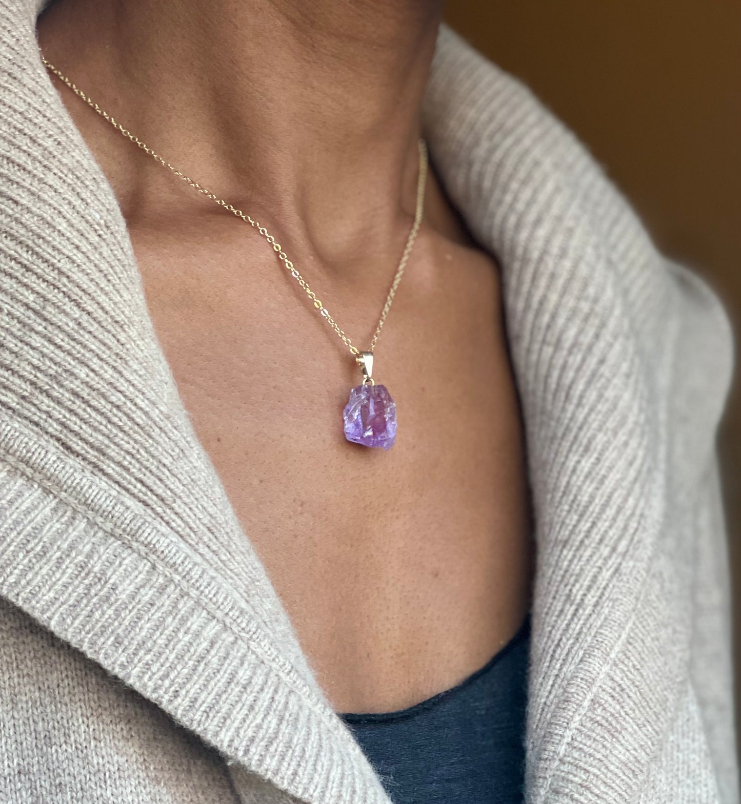 Raw Gold Plated Amethyst Crystal Necklace