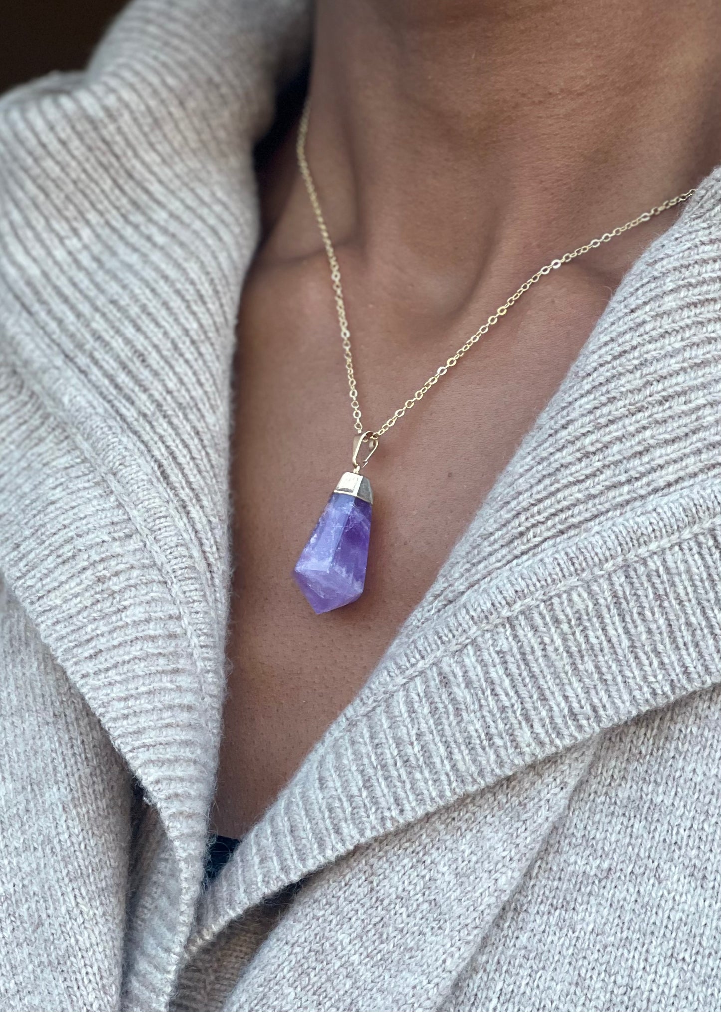 Gold Plated Crystal Amethyst Point Necklace