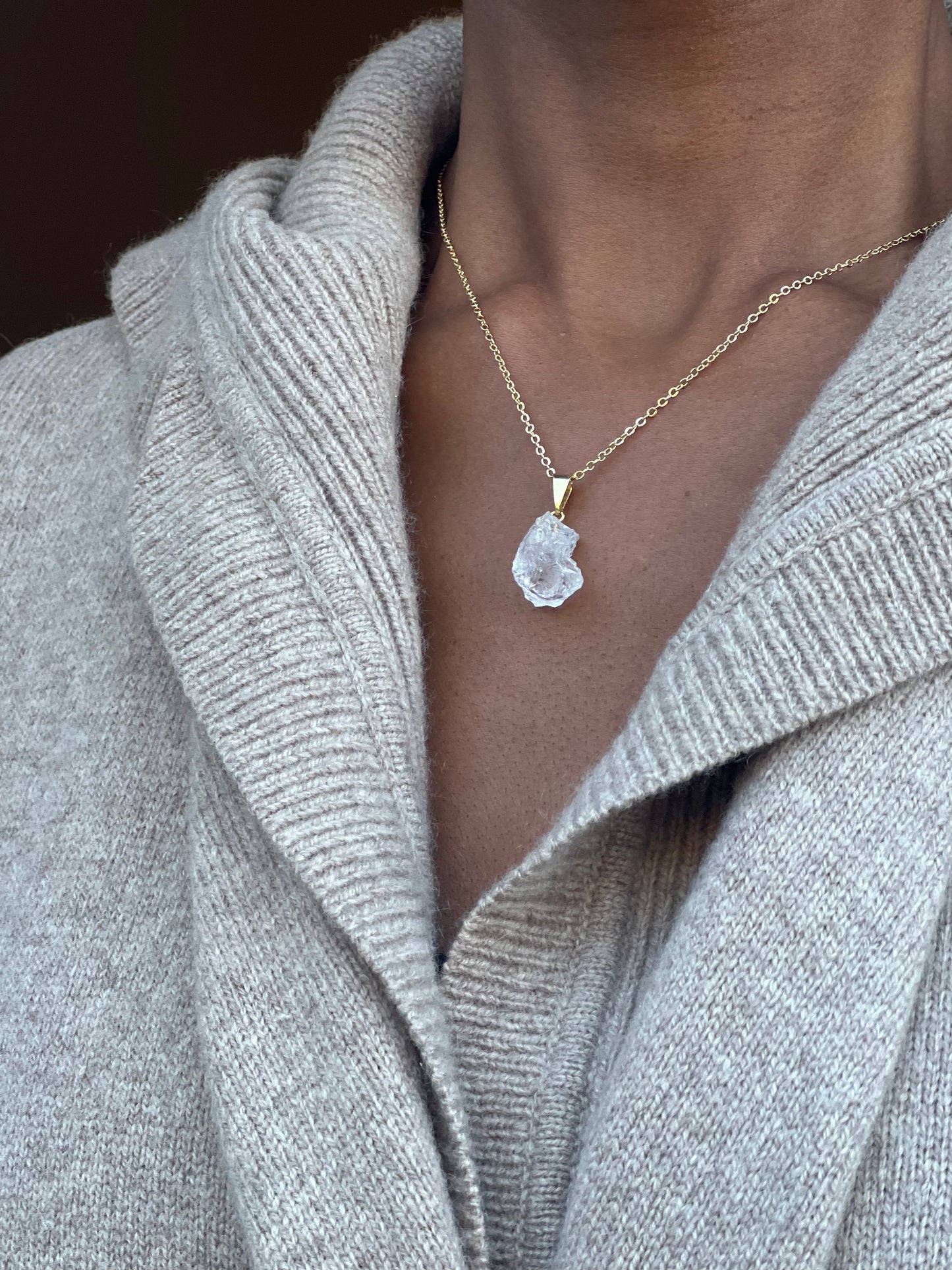 Gold Plated Rough Clear Quartz Necklace