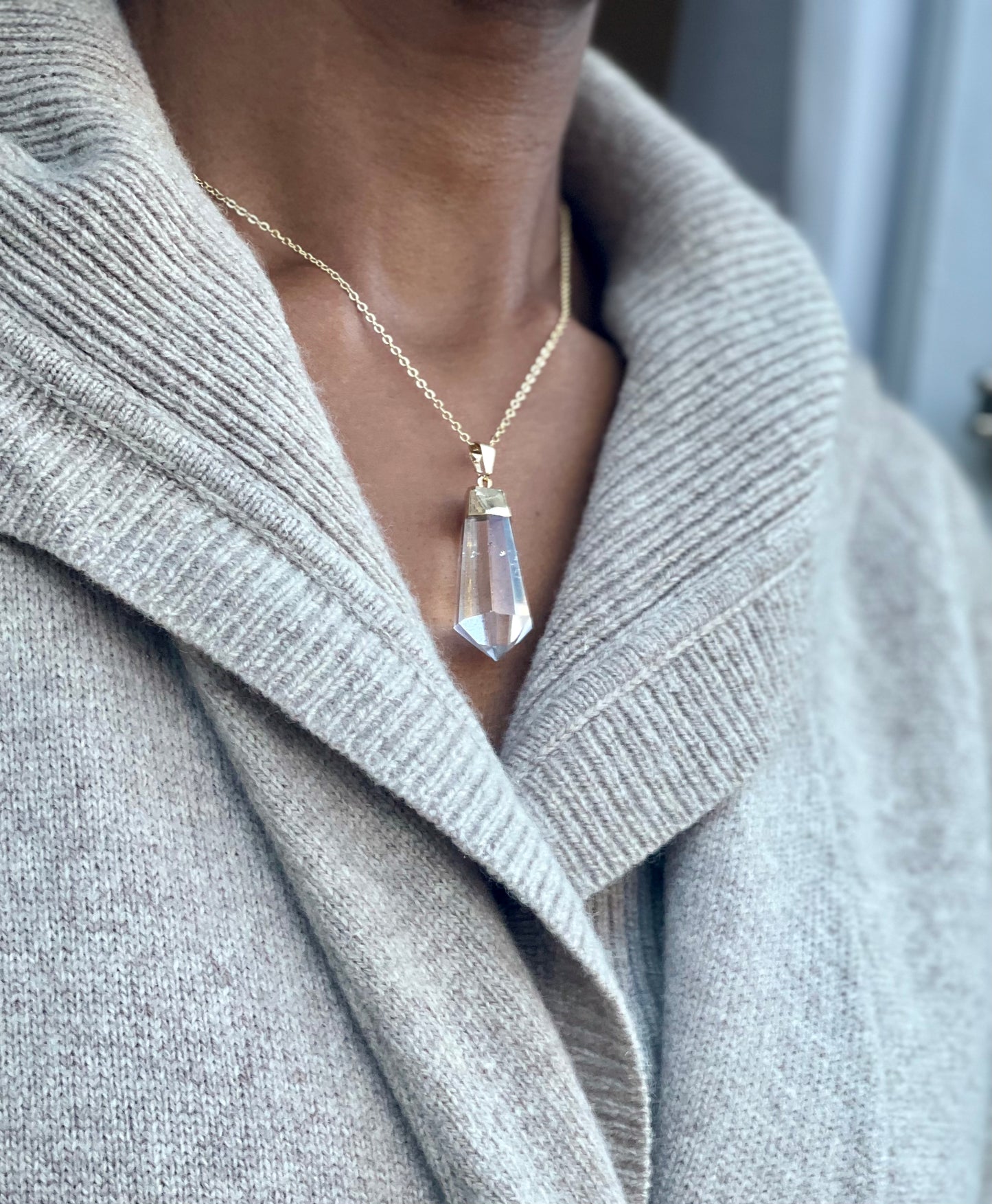 Gold Plated Quartz Crystal Point Necklace