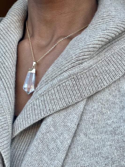 Gold Plated Quartz Crystal Point Necklace