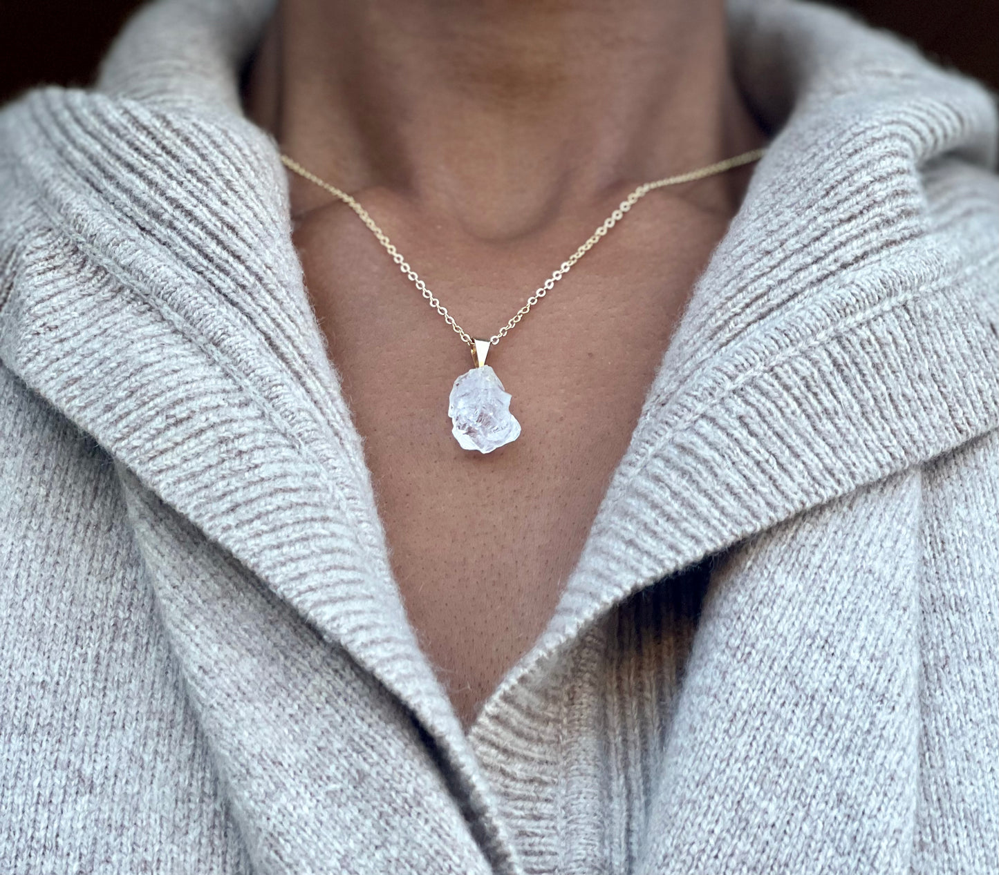 Gold Plated Rough Clear Quartz Necklace