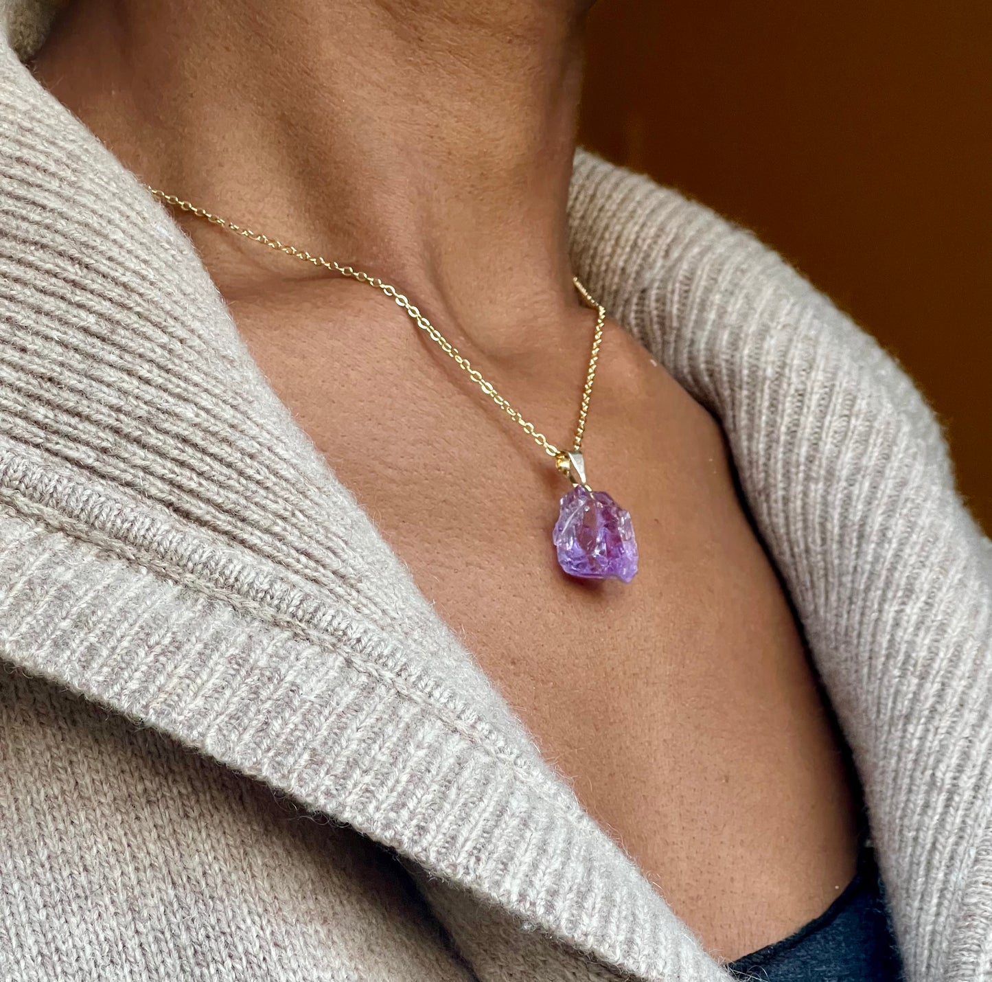 Raw Gold Plated Amethyst Crystal Necklace